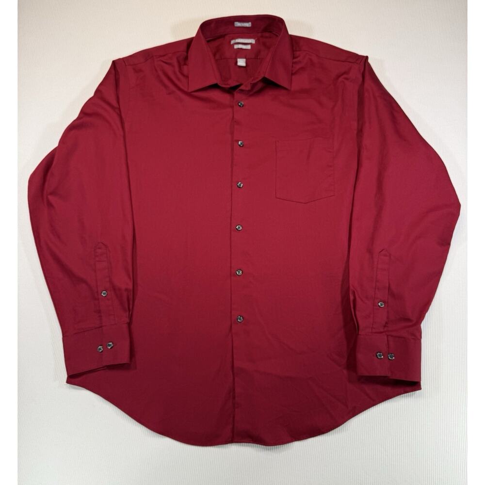 Van Heusen Mens Regular Fit Lux Sateen Button Down Shirt Burgundy Sz 17.5 34/35